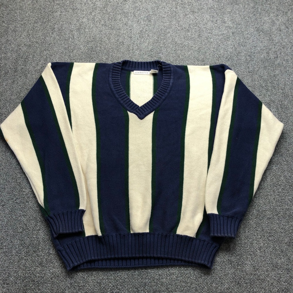 Vintage Mens Large V-Neck Cotton Sweater Navy Blue Cream Green Striped Knit
